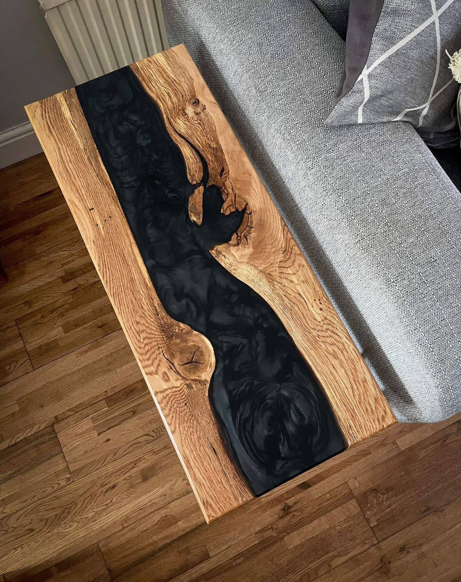 Oak Wood and Black Epoxy Resin River Side Table